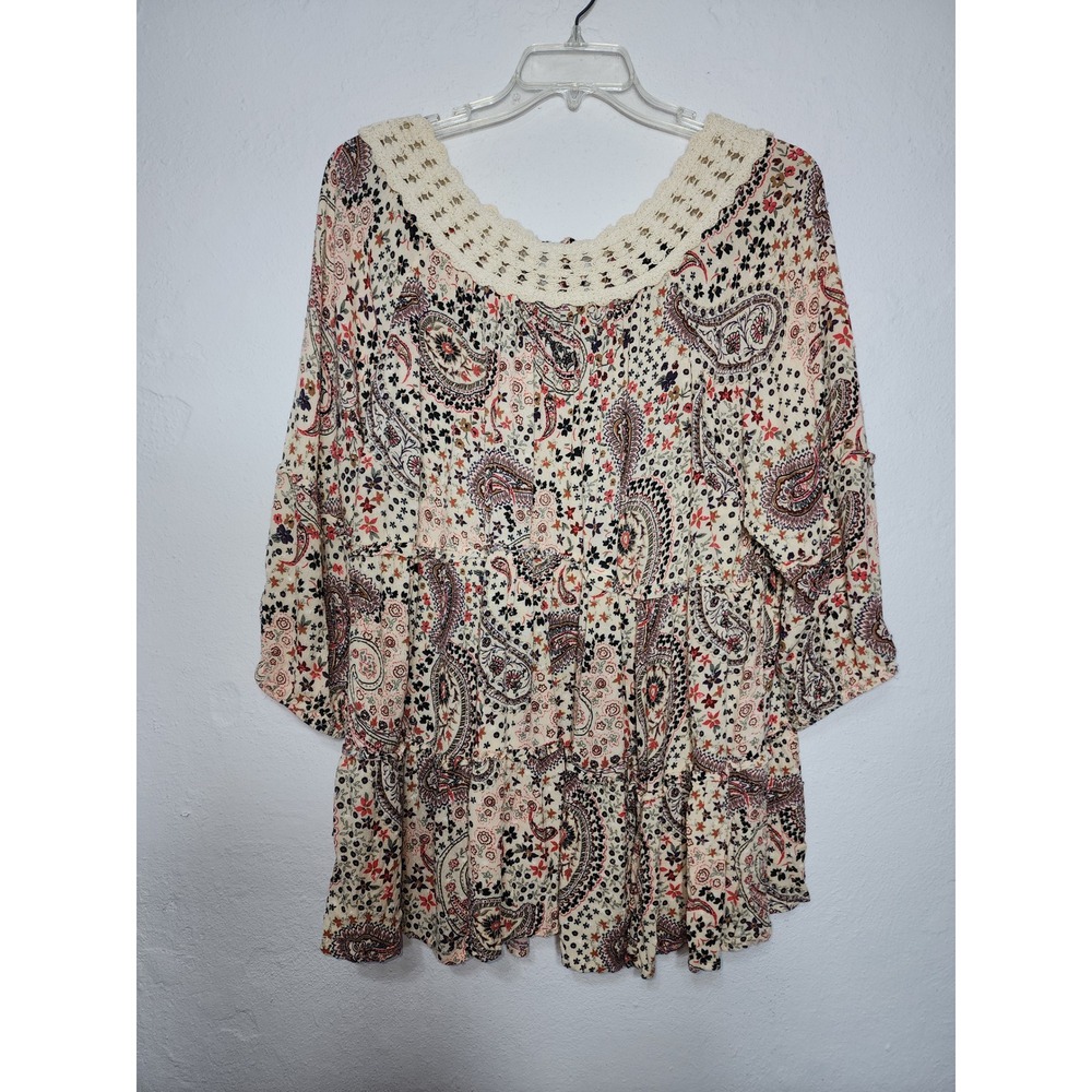 Torrid Blouse Women 3‎ Multicolor Paisley Floral Crochet Lace Tiered Boho Top